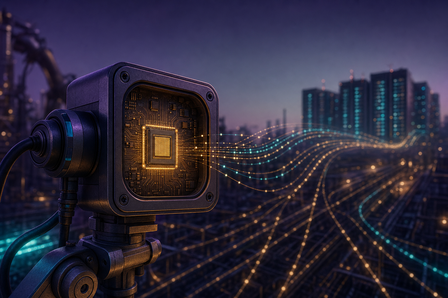 Edge AI sensor with embedded silicon at the point of data generation, representing intelligence at the edge