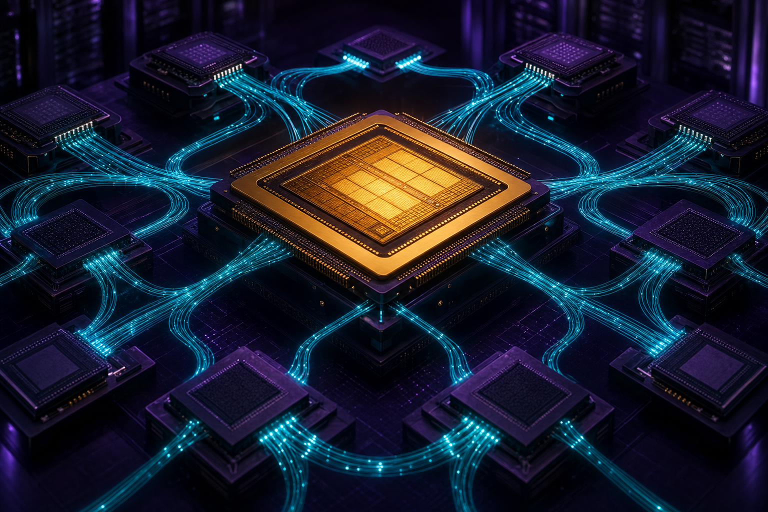 GPU at the center of a heterogeneous AI rack with fabric interconnects, representing NVIDIA as datacenter architect