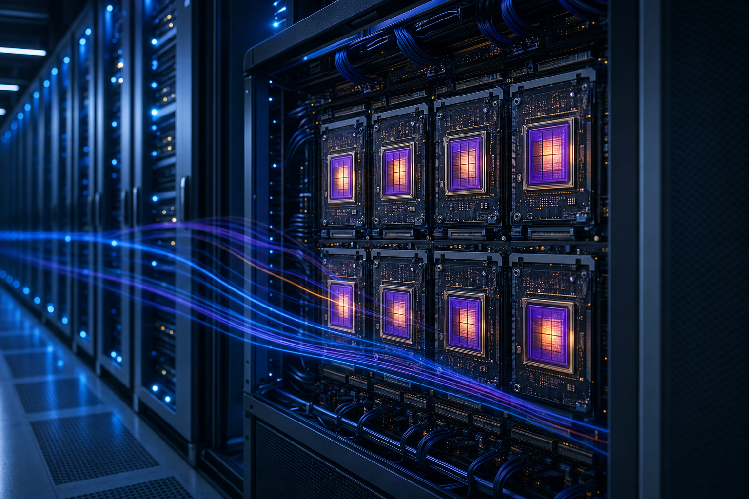 Custom AI XPU accelerators glowing in a datacenter aisle, representing XPU adoption