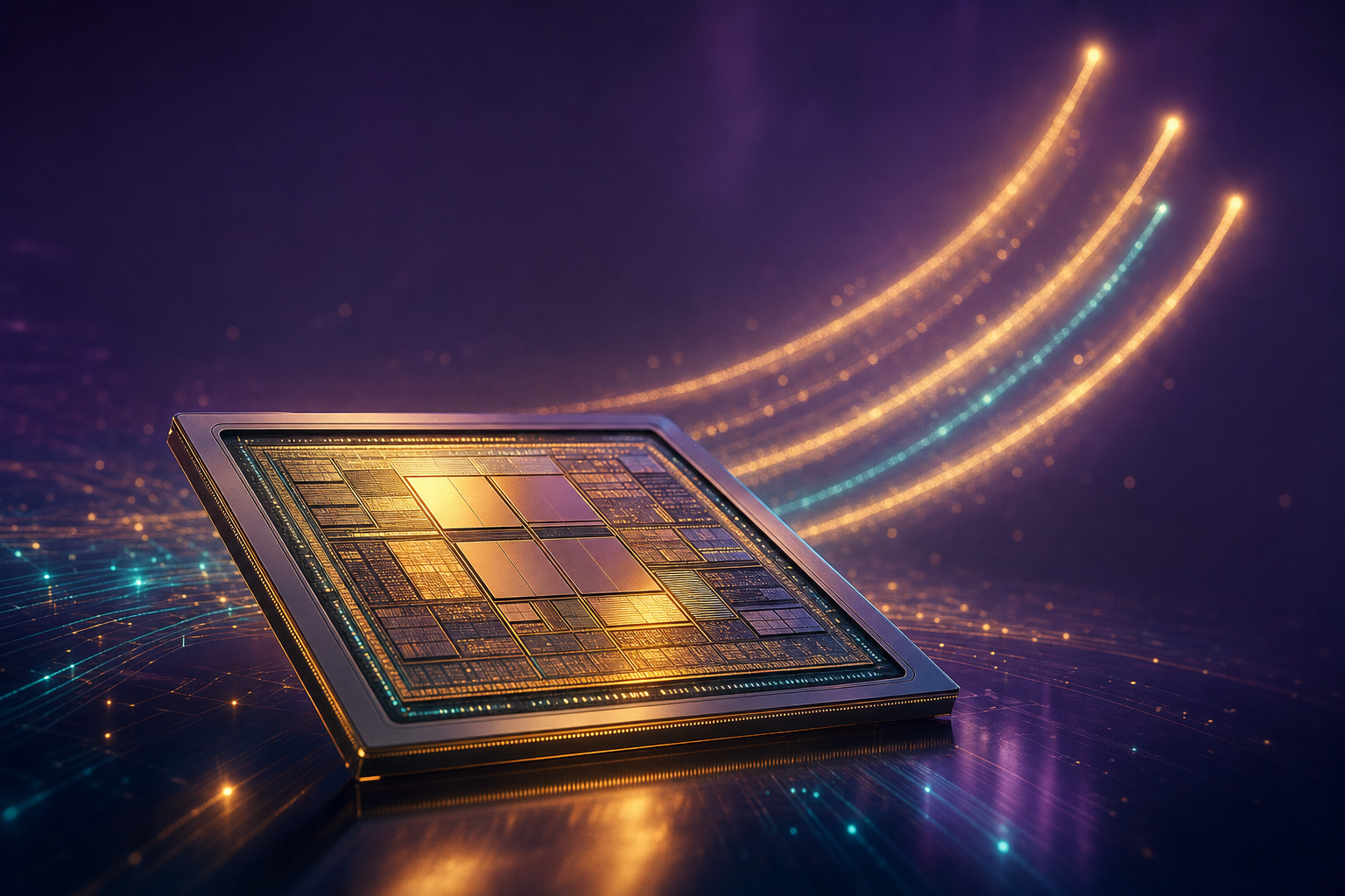 Custom AI accelerator silicon die with ascending growth curves representing XPU market expansion